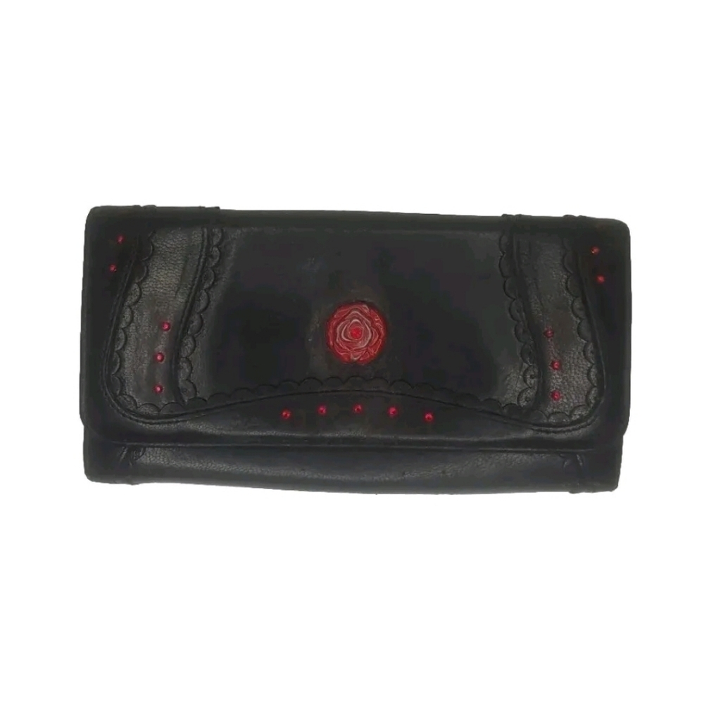ANNA SUI Rose Cluth Wallet Genuine Cowhide Leather Rhinestone Bill Fold Japan